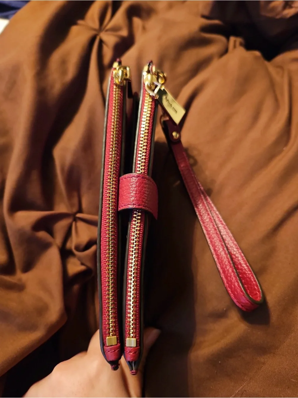 Michael Kors Burgundy Pebbled Leather Wristlet Clutch with Gold Hardware